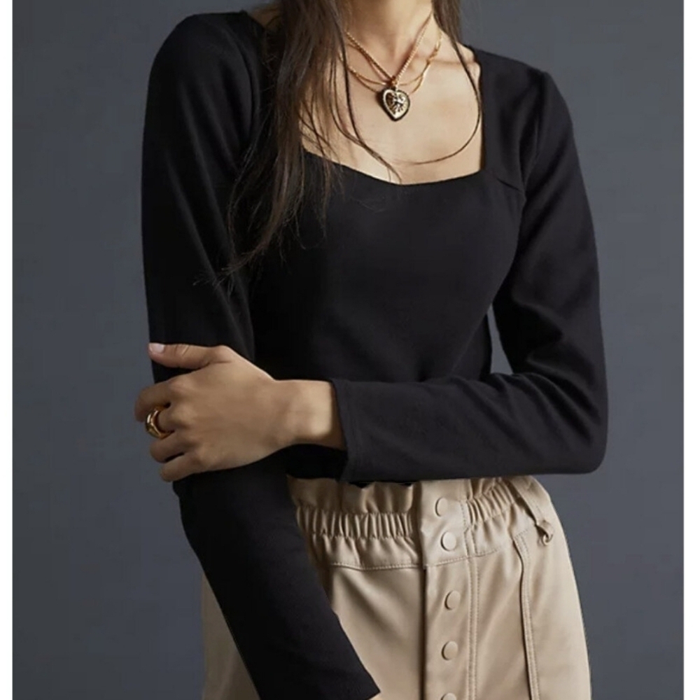 T.la Anthropologie Square Neck Ribbed Knit Tee